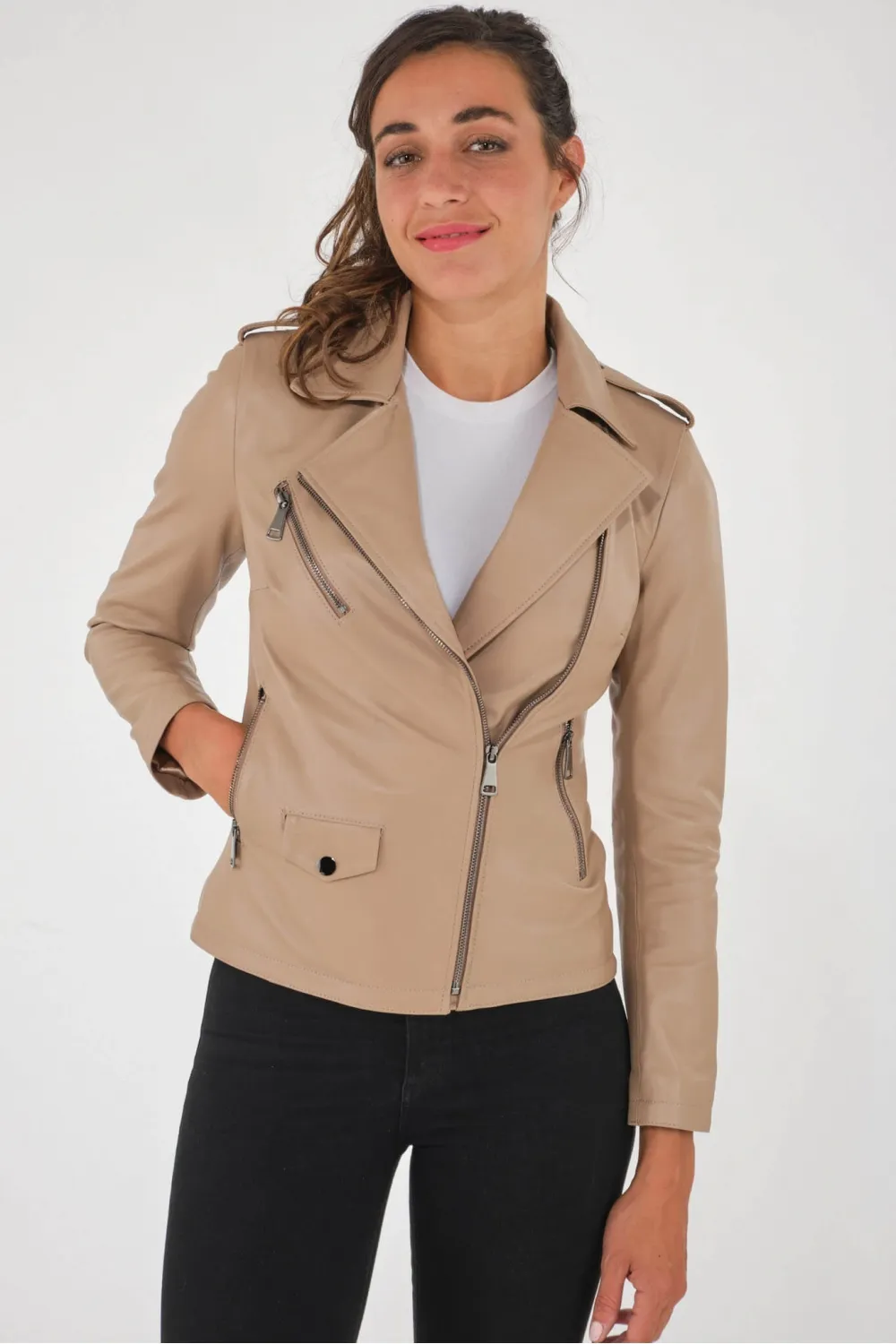 Veste courte perfecto cuir beige  , Caractère Cuir - JEANNE CHIC PERF Beige | Cesare Nori